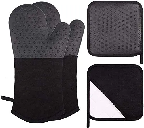 Webake Ofenhandschuhe Set Silikon Hitzebestaendig Handschuhe 1 Paar und 2 Topflappen Schwarz Anti-Rutsch Kochhandschuhe Topfhandschuhe für Kochen Backen Ofen