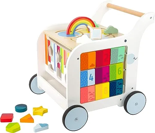 small foot Lauflernwagen Elefant – Multifunktionale Motorikförderung aus Holz - Lauflernwagen mit 5 Spielmöglichkeiten zur Motorikförderung, sicher durch Finger-Einklemmschutz und Bremssystem. Gummierte Räder für leises Rollen und viel Stauraum für Spielsachen.