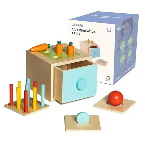 Wuddis 4-in-1 Motorikwürfel ab 1 Jahr - Objektpermanenz Box - Montessori Spielzeug ab 1 Jahr - Umweltfreundliche Farben, FSC-Zertifiziertes Holz - Ideal Für Sicheres Lernen und Spielen