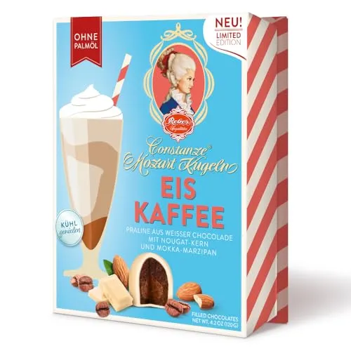 Reber Eiskaffee Constanze Mozart-Kugeln Barock, 6er Packung, Kugeln aus weißer Schokolade mit Mokka Marzipan, Gefüllt mit Pistazien, Marzipan, Mandeln, Haselnuss-Nougat, 120g (6 Stück)