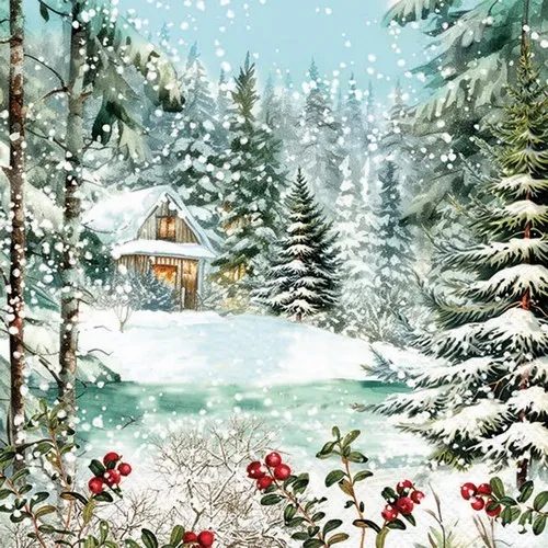 Servietten Cabin in the Woods Hütte versteckt Winterwald Weihnachten 33x33cm 20
