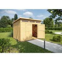 Gartenhaus weka 264 Gr. 4 mit Oberlicht - Geräumiges Gartenhaus (354 x 322 cm) aus naturbelassenem Holz mit Pultdach und Fußboden, perfekt für Gartenlagerung und Freizeitgestaltung.