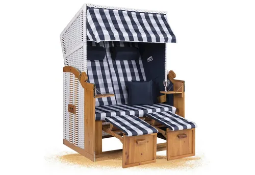 Strandkorb Hanse Strandkorb Strandkorb Ostsee XXL 120 cm Weiß Blau Kariert aufgebaut, BxTxH: 120x110x160 cm, Volllieger, Ostsee-Modell, (1-tlg), Stabiles Wacholder mit handgefertigtem Polyrattangeflecht