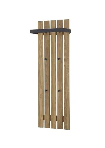 Linea Natura Garderobenpaneel BANTRY - Modernes Design für Ihren Eingangsbereich - Garderobenpaneel aus massiver, geölter Eiche mit 5 Leisten, einer Kleiderstange und 4 stabilen Metallhaken für optimale Organisation und Stil.