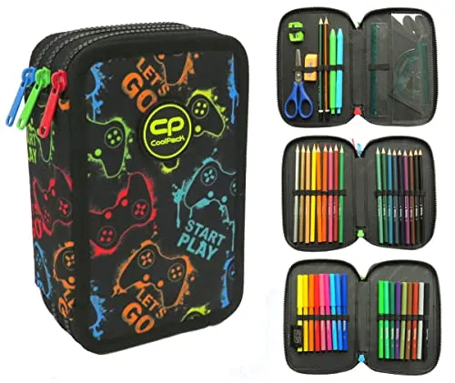 CoolPack XXL Federtasche - 44-teiliges Federmäppchen für Jungen mit XPLAY Joystick Motiv - Federmäppchen mit 3 Fächern aus wasserabweisendem Material, ideal für Schule. Enthält 44 hochwertige Schreibutensilien und hat einen praktischen Griff.