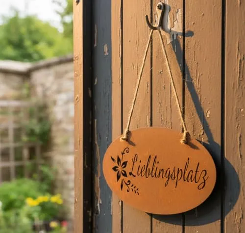 LB H&F Türschild LIEBLINGSPLATZ Rost Schild 38x20 cm Garten-Deko Rost Rostdeko Wandbild Schriftzug Wanddeko (Lieblingsplatz XL)