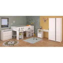 Parisot Meuble Kinderzimmer Pirouette11, Weiß, 4-teilig - Modernes Kinderzimmer-Set mit Hochbett, Schreibtisch und Kleiderschrank, viel Stauraum und pflegeleichte Oberflächen. Ideal für kreative und funktionale Räume.