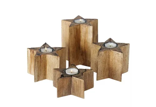 BOLTZE Teelichthalter B. 4 tlg Set Percha Stern aus Mango Holz - Teelichthalter Set aus Mango Holz, 4-teilig in Stern-Form für ein warmes und behagliches Ambiente. Ideal für jeden Raum, kombinierbar oder einzeln dekorierbar.