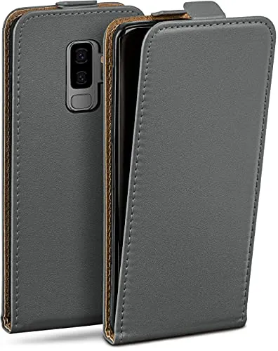 moex Flip Case für Samsung Galaxy S9 Plus Hülle klappbar mit 360 Grad Schutz, Handyhülle mit Displayschutz, PU Leder Handytasche Lederhülle, Flip Case Cover Klapphülle, Grau