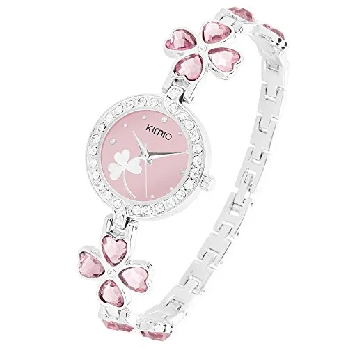 Taffstyle Damen-Armbanduhr Analog Quarz mit Metall-Armband Strass Kristall Herzen Kleeblatt Uhr Silber Rosa