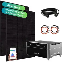 MyVoltaics Balkonkraftwerk 880+ Watt mit Speicher Marstek Venus A - Powerstation mit 2,12 kWh Kapazität, erweiterbar und effizient dank bifazialen Solarmodulen für Stromerzeugung bei schlechten Lichtverhältnissen.
