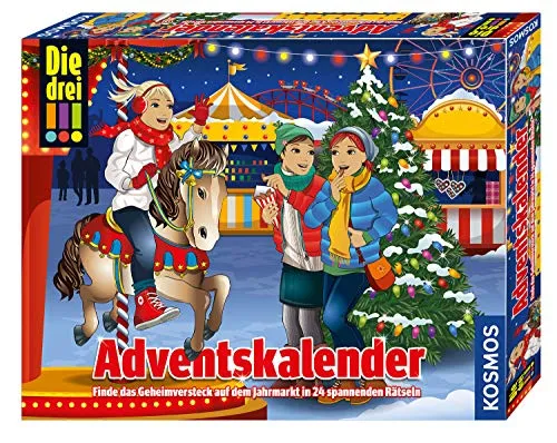 KOSMOS 634070 - Die drei !!! Adventskalender 2019, Finde das Geheimversteck auf dem Jahrmarkt in 24 spannenden Rätseln, Mit 24 Detektiv-Gimmicks, Interaktiver Spielzeug-Adventskalender für Kinder ab 8