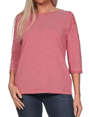 Elbsand Damen 3/4-Arm Shirt Damenshirt mit Streifen ESWVeera 70597 00 Barberry+Cloud White (0139) L