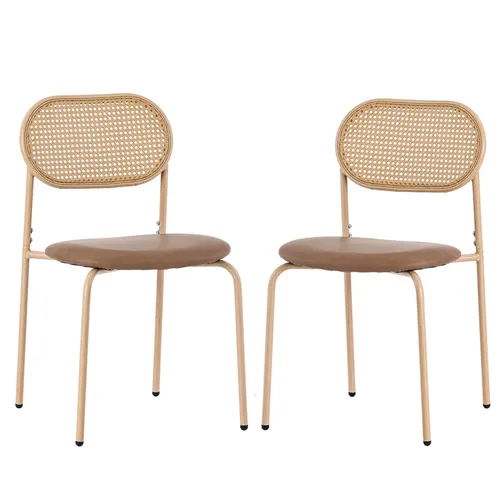 Rattan Esszimmerstuhl 2er Set – Elegante Freizeitstühle in Braun - Vielseitige Esszimmerstühle mit gebogener Rückenlehne und schmutzabweisendem Kunstledersitz. Ideal für Esszimmer, Wohnzimmer oder Balkon. Leicht und platzsparend, einfach zu montieren.
