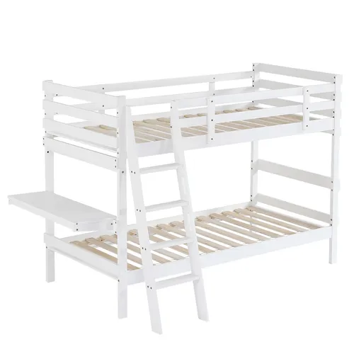 Etagenbett,Kinderbett,Mit vierstufiger Leiter, Stabile Lattenroste,Design des Sicherheitszauns,mit Schreibtisch,Rahmen aus Kiefer,Weiß, 90x200cm