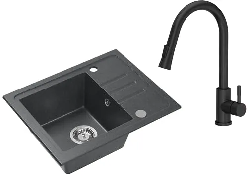 VBChome Spülbecken Granit Schwarz mit Armatur 55 x 44 cm Einzelbecken Einbauspüle Gesprenkelt Reversibel Granitspüle Siphon Waschbecken Spülbecken mit Schwarz Armatur