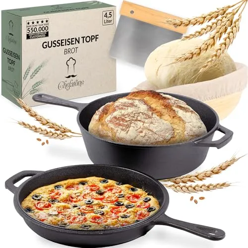 Chefarone Gusseisen Topf, 2in1 Inkl Gärkorb und Teigschaber, Brotbackform mit Deckel 3l, Bräter Backofengeeignet, Brot Backen zu Hause, Gusseisenpfanne Dutch Oven