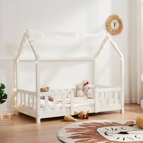 [en.casa] Kinderbett Sisimiut Hausbett 70 x 140 cm - Kleinkindbett aus hochwertigem Kiefernholz mit sicherem Rausfallschutz, ideal für eine gemütliche und sichere Schlafumgebung.