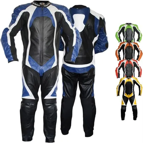 German Wear Einteiler Motorradkombi Lederkombi aus Büffelleder echtleder Kombi, 58/3XL, Farbe:Blau