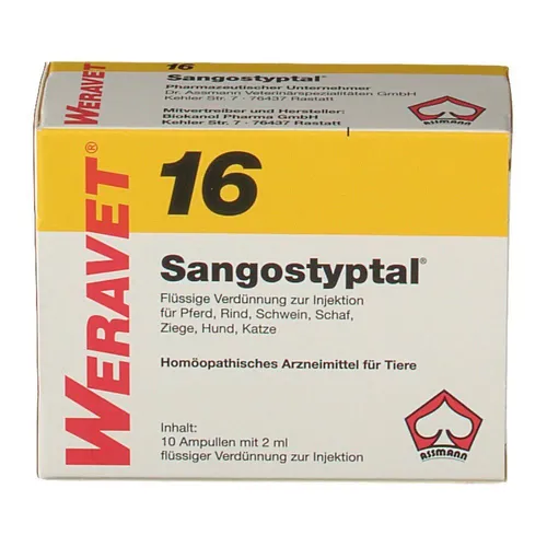 Sangostyptal 16 Ampullen vet. 10X2 ml - Homöopathisches Arzneimittel für Tiere mit potenziertem Wirkstoff zur Injektion, ideal zur Unterstützung der Gesundheit. Hergestellt von Biokanol Pharma, Deutschland.