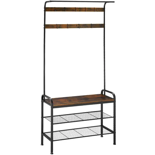 TecTake Garderobe 85,5x36x184cm - Industrial Holz dunkel, rustikal - Garderobenständer mit Sitzbank, neun abnehmbaren Haken und zwei Gitterablagen. Hochwertige Verarbeitung im Industrie-Design, stabil und platzsparend für jeden Flur.