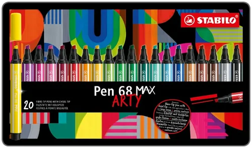 STABILO Filzstift Pen 68 MAX im 20er Metalletui - Schreibutensilien mit dicker Keilspitze, ideal für kreative Techniken wie Sketching, Lettering und Aquarellieren. Austrocknungsschutz von 12 Stunden für ununterbrochenes Arbeiten.
