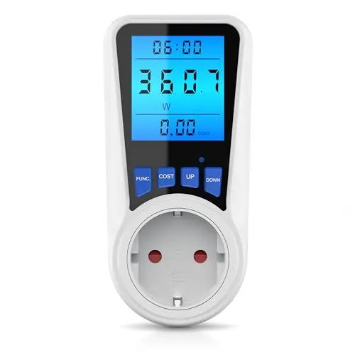 CSL – Energiekostenmessgerät Stromkostenmessgerät Stromverbrauchszähler – Display mit Hintergrundbeleuchtung – max. 3680 Watt – 4 Tasten – Strommesser/Stromzähler für Steckdose
