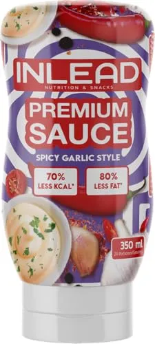 INLEAD - Premium Sauce - Light Sauce | 80% weniger Kalorien & 90% weniger Zucker | Perfekt Zur Diät | Kalorienarme Ernährung | Vegan | Glutenfrei | Laktosefrei - 350ml (Spicy Garlic Style)