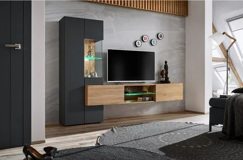 Wohnwand Try Anthrazit/Eiche Wotan – Modernes Design - Wohnzimmerschränke mit stilvollem Anthrazit und Eiche Wotan, ideal für ein elegantes Wohnambiente und viel Stauraum.