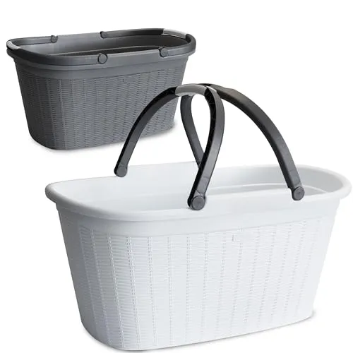 2x Wäschekorb 35 Liter weiß und hellgrau mit 2 Henkeln - 57,5x37x29 cm Rattan-Design ohne Löcher - Haushaltskorb Wäschewanne Tragekorb Wäschesammler Wäschesortierer Wäschebox - Aufbewahrung Kunststoff