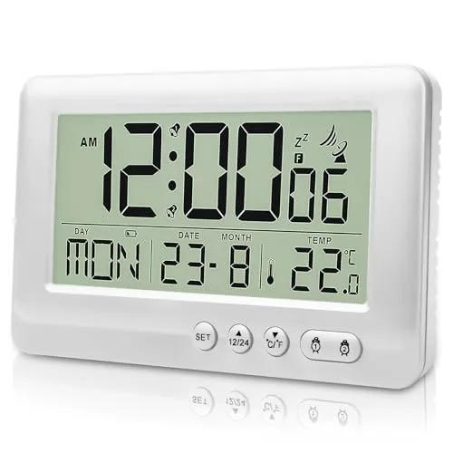 GAOUTO Digitaler Funkwecker, Digitaler Funkwecker mit Thermometer, Wecker Digital mit Zwei Weckzeiten, Funkuhr mit Temperatur, Hintergrundbeleuchtung, Schlummerfunktion, Datum,Wochentag,ohne Batterie