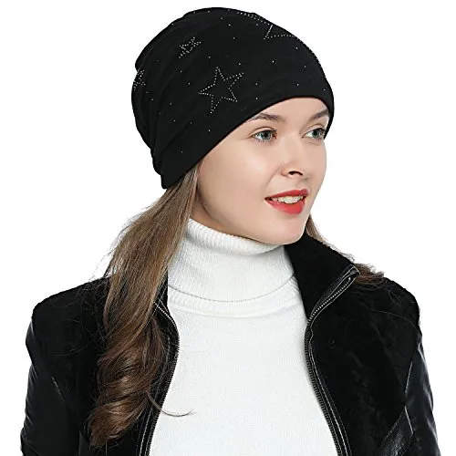 DonDon Mütze Damen Wintermütze Slouch Beanie gefüttert mit Stern Glitzersteinen - schwarz