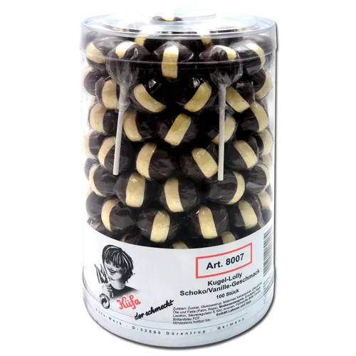 Küfa Schoko-Vanille Kugel Lutscher, 100 Stück - Hartkaramellen & Hartbonbons, verführerische Schoko-Vanille-Kombination für süße Genussmomente in praktischer Dose.