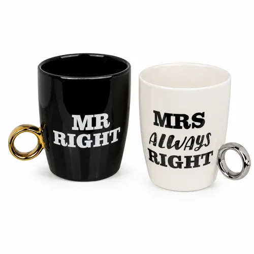 Produktbild Kaffeebecher Griff iin Ringform 2er Set Mr. Right und Mrs Always Right Hochzeit