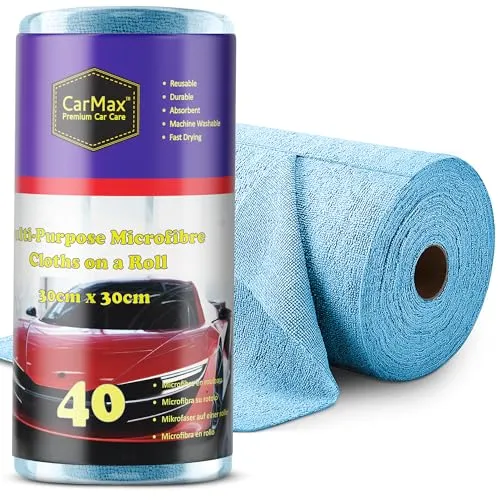 CarMax® – 40 Mehrzweck-Mikrofasern zur Autoreinigung und Detaillierung auf einer Rolle, wiederverwendbare Mikrofaser-Handtücher, 30 cm x 30 cm, auf Rolle zum Abreißen