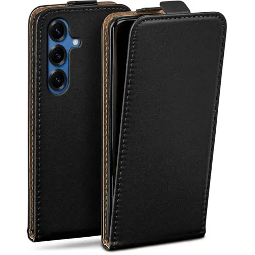 moex Flip Case für Samsung Galaxy S25 Hülle klappbar mit 360 Grad Schutz, Handyhülle mit Displayschutz, PU Leder Handytasche Lederhülle, Flip Case Cover Klapphülle, Schwarz