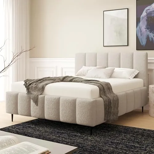 Home Collective Polsterbett Bett Doppelbett mit Bettkasten Bettgestell mit Lattenrost 140x200 160x200 180x200 weich gepolstert modernes Design Schlafzimmer Jugendzimmer Möbel | Hellbeige 140x200