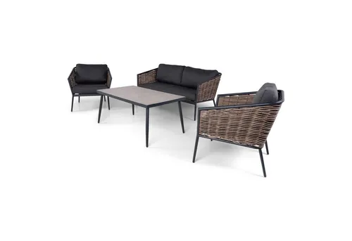 Lounge-Set VEJLE - Braun - Elegantes Lounge-Set für den Garten, bestehend aus 2 bequemen Stühlen und einem 2-Sitzer. Wetterfestes Polywicker und strapazierfähiger Stoff sorgen für Langlebigkeit und Komfort.