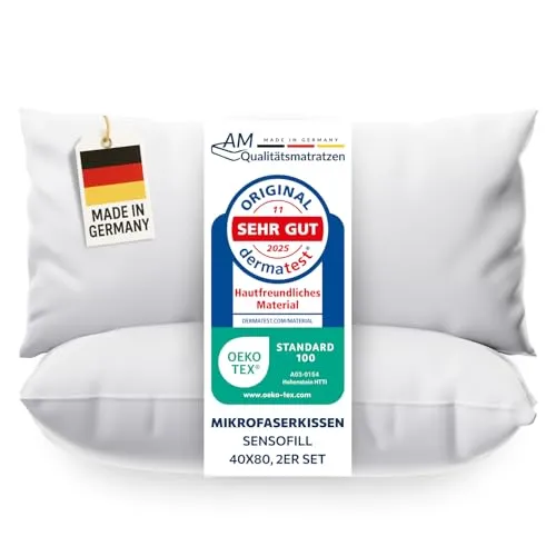 DormiGood Premium Mikrofaser Kissen 40x80 2er Set - Made in Germany - Allergiker Kopfkissen 40x80 2er Set mit Sensofill Füllung - Oeko TEX zertifiziertes Pillow mit Kissenbezug aus 100% Baumwolle
