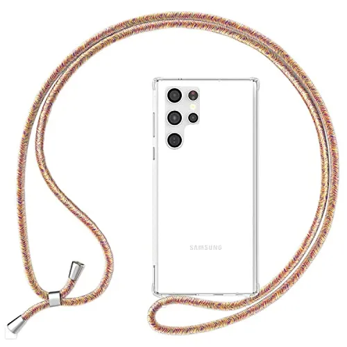 NALIA Klare Schutzhülle mit Kette passend für Samsung Galaxy S24 Ultra Hülle, Transparente Handyhülle mit Umhänge-Band, Stabile Rückseite & Silikon-Rahmen mit verstärkten Ecken, Farbe:Regenbogen Bunt