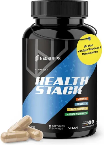 Neosupps Health Stack - 180 Kapseln - Veganer All-in-One Gesundheits-Supplement mit optimal dosierten Vitaminen, Mineralstoffen und Antioxidantien für mehr Energie und Wohlbefinden – ideal für aktive Lebensstile!
