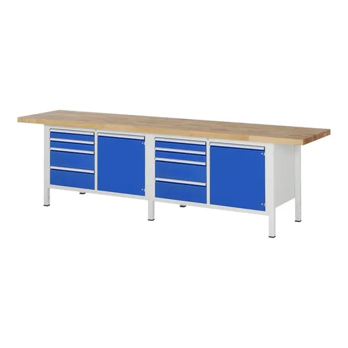 Rau Werkbank höhenverstellbar 8470A2 - Standardwerkbank mit Buche-Massiv-Arbeitsplatte, 8 Schubladen und 2 Türen. Ideal für Werkstätten, belastbar bis 1.250 kg und höhenverstellbar für optimalen Komfort.