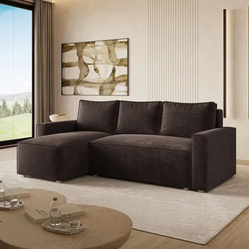 Masseno Ecksofa POTARO LM mit Schlaffunktion – L-Form, Braun - Ecksofa POTARO LM mit Schlaffunktion und praktischen Stauraum. Ideal für Ihr Wohnzimmer, vereint es Funktionalität und elegantes Design. Genießen Sie höchsten Komfort und Platz für Gäste!