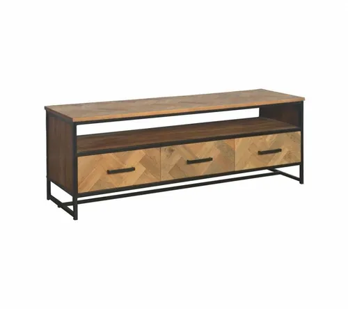 Teakholz massiv Stahl Design TV Hifi Kommode Accent - TV-Möbel & Schrankwände, elegante Kommode aus massivem Teakholz und Stahl, fertig montiert und mit 3 praktischen Schubladen für zusätzlichen Stauraum.
