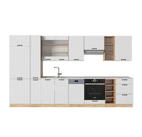 Vicco Küchenzeile Fame-Line, Weiß Landhaus / Goldkraft Eiche, 355 cm - Küchenzeile mit flexiblen Modulen, die individuelle Anpassungen ermöglicht. Hochwertige MDF-Fronten und Soft-Close-Scharniere für eine stilvolle und komfortable Nutzung.