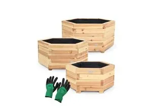 Holz-Pflanzkübel 3er-Set mit gratis Gartenhandschuhe - Körbe, Blumentöpfe, -kästen & Untersetzer, stilvolle Holz-Pflanzkästen in drei Größen für drinnen und draußen, inklusive praktischer Gartenhandschuhe.