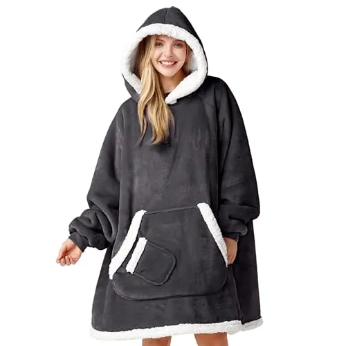 Giggling Getup tragbare Decken Hoodie für Damen Herren, Übergröße Flanell Sherpa Fleece Kapuzen Decke, Weiche, komfortabele, warme Decken Sweatshirt mit Tasche und Ärmeln für Erwachsene Dunkelgrau