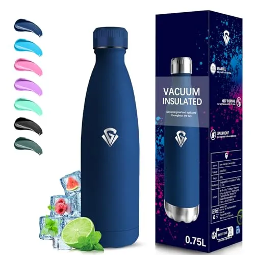 Grsta Thermosflasche, 750ml Trinkflasche Edelstahl, BPA-Frei, Trinkflasche Auslaufsicher, 24h Kalt & 12h Warm, Wasserflasche Metall, Wasserflasche Doppelwandig, für Reisen, Camping, Dunkelblau