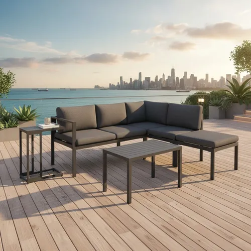 Melko Sitzgruppe Ecklounge Aluminium 5-tlg. mit Beistelltisch und Hocker - Wetterfeste Aluminium-Ecklounge in Anthrazit/Grau, ideal für Terrasse und Garten. Mit wasserabweisenden Kissen und UV-beständigen Materialien für langanhaltenden Komfort und Stil.