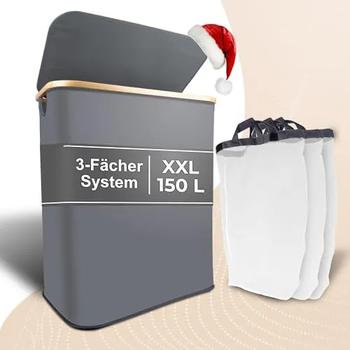 Luxpur® Wäschekorb XXL mit Deckel 3 Fächer Wäschesack Bambus Wäsche-Sortier-System Faltbare Wäschebox Wäschesammler Wäschetrenner Wäschetruhe Laundry Basket